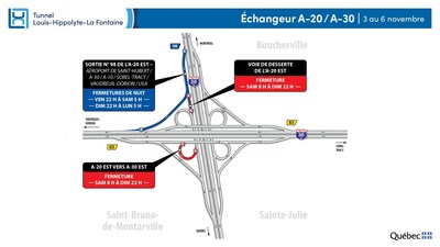 Closures in the area of the interchange of Highways 20 and 30 during the weekend of November 3 (CNW Group/Ministère des Transports et de la Mobilité durable)