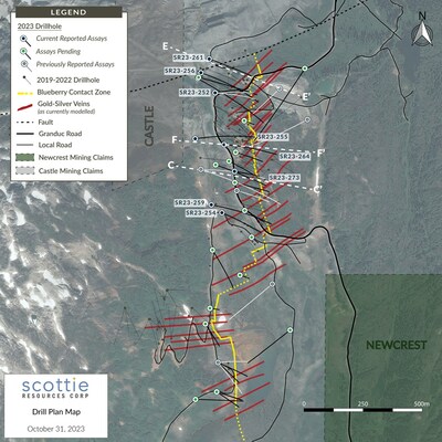 Figure 1: Overview plan view map of the Scottie Gold Mine Project, illustrating the locations of the reported drill results, cross-sections (Figures 2 - 4), and the distribution of the modelled sulphide-rich cross-structures. (CNW Group/Scottie Resources Corp.)
