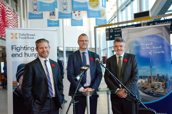 Neil Hetherington, President and CEO of Daily Bread Food Bank, RJ Steenstra, President and CEO of PortsToronto, and Neil Pakey, President and CEO of Nieuport Aviation announced this morning a fundraising campaign this November at Billy Bishop Toronto City Airport in support of Daily Bread Food Bank. (CNW Group/Billy Bishop Toronto City Airport) Neil Hetherington, President and CEO of Daily Bread Food Bank, RJ Steenstra, President and CEO of PortsToronto, and Neil Pakey, President and CEO of Nieuport Aviation announced this morning a fundraising campaign this November at Billy Bishop Toronto City Airport in support of Daily Bread Food Bank. (CNW Group/Billy Bishop Toronto City Airport)