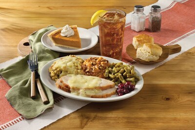 On Thanksgiving Day only, Cracker Barrel guests can dine-in and enjoy a traditional Thanksgiving Homestyle Turkey n’ Dressing Meal with Roasted Turkey Breast, Cornbread Dressing and Gravy, Country Green Beans, Sweet Potato Casserole with pecans and cranberry relish. Also served with Buttermilk Biscuits or Corn Muffins, a refillable beverage and a slice of Pumpkin Pie for dessert.