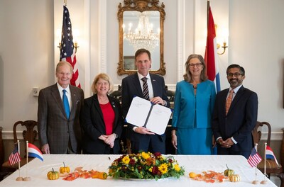 NASA Administrator Bill Nelson, left, NASA Deputy Administrator Pam Melroy, Harm van de Wetering, director of the Netherlands Space Office, Ambassador of the Netherlands to the United States Birgitta Tazelaar, and Chiragh Parikh, executive secretary of the National Space Council, pose for a picture after the signing of the Artemis Accords, Wednesday, Nov. 1, 2023, at the Dutch Ambassador's Residence in Washington. Netherlands is the 31st country to sign the Artemis Accords, which establish a practical set of principles to guide space exploration cooperation among nations participating in NASA's Artemis program. Photo Credit: NASA/Joel Kowsky