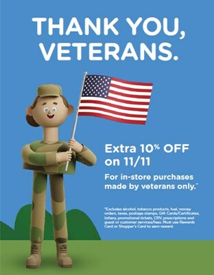 Veterans enjoy <percent>10%</percent> off on November 11th at Kroger Family of Stores.