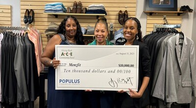 Populus Financial Group presents a $10,000 donation to Rhonda Willingham, Founder and President of MenzFit