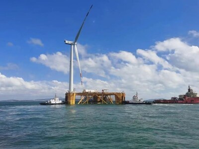 Equipped with Shanghai Electric’s Offshore Tribune, World’s First Deep-Sea Floating Wind Energy Project Integrated with Marine Ranching Completes. (PRNewsfoto/Shanghai Electric)