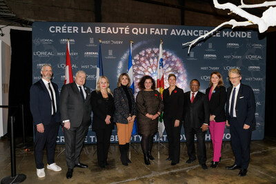 Éric Poirier, Co-Director of Arsenal Contemporary Art Montréal; Michel Miraillet, Ambassador of France to Canada; An Verhulst-Santos, President and CEO, L’Oréal Canada; Vana Nazarian, City Councillor, Borough of Saint-Laurent, district of Côte-de-Liesse; Alia Hassan-Cournol, Special Advisor to the Mayor of Montreal and for Indigenous reconciliation on the Executive Committee; City Councillor for the borough of Mercier–Hochelaga-Maisonneuve, district of Maisonneuve-Longue-Pointe; and designated City Councillor for the Ville-Marie borough council; Jennifer Maccarone, Member for Westmount–Saint-Louis; Alan DeSousa, Borough Mayor, Saint-Laurent; Marie St-Pierre, Consul General of France in Montréal; Bruno de Sa Moreira, Co-Founder and CEO, Histovery (CNW Group/L'Oréal Canada Inc.)