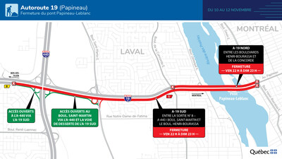 Secteur du pont Papineau-Leblanc - Fermeture complète de l’autoroute 19 (Papineau) du 10 au 12 novembre 2023. (Groupe CNW/Ministère des Transports et de la Mobilité durable)