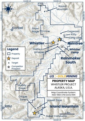 Figure 3 The Whistler Project property comprises contiguous State of Alaska mining claims totaling 53,700 acres. Large gold colored stars indicate existing resources: the Whistler, Raintree and Island Mountain gold-copper deposits. Small black stars indicate exploration targets. (CNW Group/U.S. GoldMining Inc.)