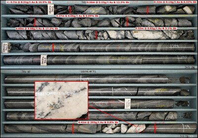 Figure 4. Top - Tray photograph of drillhole SQ026’s stibnite-rich 620 Vein intercept, grading 4.9g/t Au and 10.4% Sb over 1.74m true thickness. Note the lower contact of laminated quartz – a Doyle series bedding parallel fault. Bottom – 620 Vein intercept in SQ012 with inset showing coarse visible gold. This intercept graded 203g/t Au and 0.8% Sb over 0.25m true thickness. A significant proportion of the antimony in this intercept appears to be contained within accessory tetrahedrite – a characteristic of the Shepherd system not seen elsewhere to date at Costerfield. (CNW Group/Mandalay Resources Corporation)