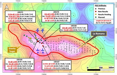 Figure 1 – Gravity anomaly map for the La Romana target showing drill hole locations with selected results, and cross-section locations A-A' (Figure 2) and B-B' (Figure 3). (CNW Group/Pan Global Resources Inc.)