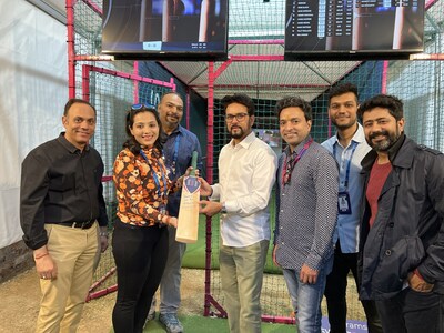 Anurag Thakur (Union Minister of Sports, Youth Affairs and Minister of Information and Broadcasting), Arun Singh Dhumal (IPL Chairman), and Avnish Parmar (HPCA Secretary) at the cricket simulator