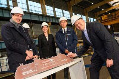 Olivier Becht (France’s Minister for Foreign Trade, Attractiveness and French Nationals Abroad), Laura Hodges-Bethge (President, Celebrity Cruises), Laurent Castaing (CEO Chantiers de l’Atlantique), Jason Liberty (CEO & President, Royal Caribbean Group) -- First steel-cutting of Celebrity Xcel, Celebrity Cruises’ fifth Edge Class ship, at Chantiers de l’Atlantique