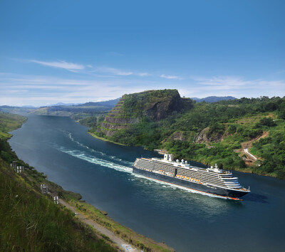 A Holland America Line ship cruises through the Panama Canal