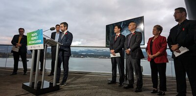 Federal Minister of Environment and Climate Change Steven Guilbeault speaks about the new tripartite agreement while joined by federal, provincial and First Nations representatives against the backdrop of Vancouver's Burrard Inlet. (CNW Group/Ducks Unlimited Canada)
