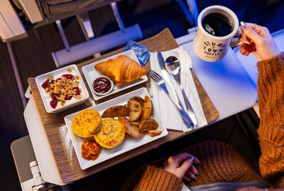 Alaska Airlines JUST Egg™ Mexican inspired egg bites with herb roasted potatoes and a fresh pumpkin-ancho salsa is perfect paired with a cup of freshly brewed Stumptown Coffee. The entree will be served in First Class on certain flights.