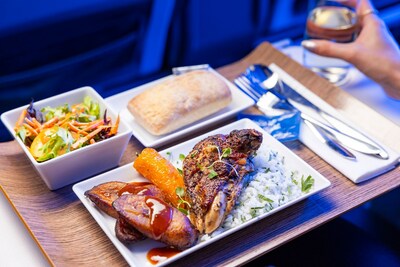 Alaska Airlines guest and crew favorite, Jerk Chicken, is staying on the menu this winter! The First Class entree features a pan-seared Caribbean spiced chicken breast, fried plantains, roasted baby pepper, cilantro lime rice in a Jamaican jerk sauce.