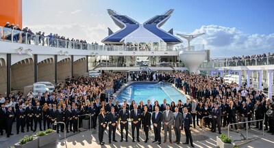 Royal Caribbean Group and Celebrity Cruises executives, Captains Dimitrios Kafetzis and Tasos Kafetzis, the first brother captains, celebrate with the ship’s crew the handover of Celebrity Ascent from Shipbuilder Chantiers de l’Atlantique.