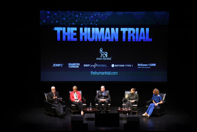 Moderator and panelists on stage. From left to right: André Picard, Health Columnist, The Globe and Mail; Cate Murray, President & CEO, Stem Cell Network; Michael Scott, VP Device Development, Novo Nordisk; Dr. Cristina Nostro, Sr. Scientist, McEwen Stem Cell Institute; Lisa Hepner, Filmmaker, The Human Trial (CNW Group/Earnscliffe Strategies)