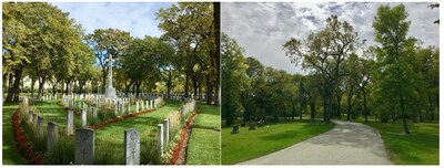 Left Photo: Brookside Cemetary, "Tear Drop" section of the Field of Honour, 2020. © Parks Canada / Jeffrey Thorsteinson
Right Photo: Brookside Cemetery, curvilinear roadway lined by trees, 2020. © Parks Canada / Jeffrey Thorsteinson (CNW Group/Parks Canada)