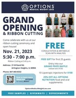 Grand opening flyer for the new Options Medical Weight Loss clinic in Arlington Heights, Illinois.