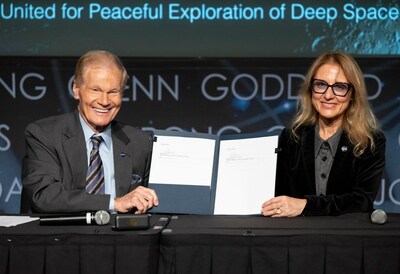 NASA Administrator Bill Nelson, left, and Minister of Innovation and Growth for Bulgaria, Milena Stoycheva, pose for a photo during an Artemis Accords signing ceremony, Thursday, Nov. 9, 2023, at the Mary W. Jackson NASA Headquarters building in Washington. Bulgaria is the 32nd country to sign the Artemis Accords, which establish a practical set of principles to guide space exploration cooperation among nations participating in NASA's Artemis program. Credits: NASA/Keegan Barber
