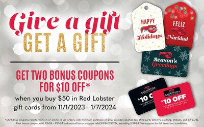 The “Give a Gift, Get a Gift” gift card promotion returns at Red Lobster® this holiday season, allowing guests to give the gift of seafood while also getting bonus coupons for themselves.