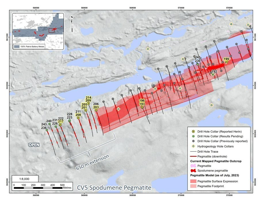 Figure 2: Drill holes completed at the CV5 Spodumene Pegmatite as announced September 24, 2023. – western area. (CNW Group/Patriot Battery Metals Inc)