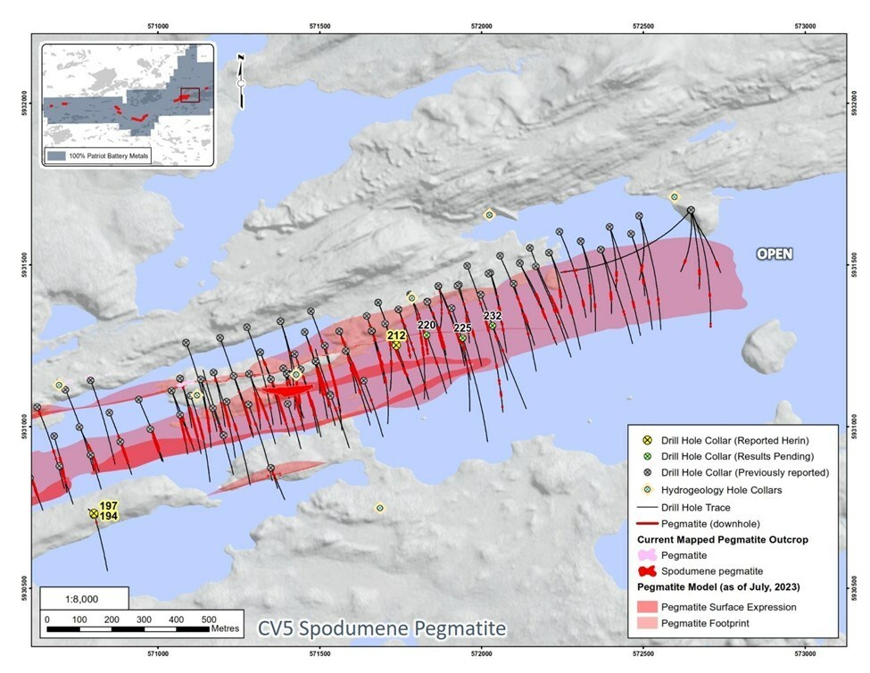 Figure 3: Drill holes completed at the CV5 Spodumene Pegmatite as announced September 24, 2023 – east-central, and eastern areas. (CNW Group/Patriot Battery Metals Inc)