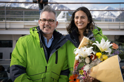 Atlas Ocean Voyages' President and CEO James Rodriguez and World Voyager Godmother Harpreet 