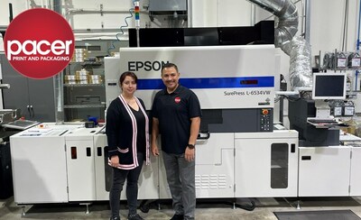 Yesenia Franco, production manager, and Peter Varady, owner, of Pacer Print and Packaging with the Epson SurePress L-6534VW UV digital label press.