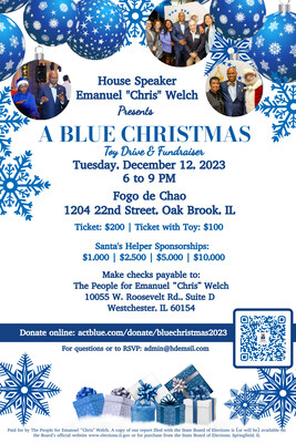 The Speaker’s  Blue Christmas Toy Drive and Fundraiser will be held at Fogo de Chao [1204 W 22nd St, Oak Brook, IL 60523] on Tuesday, December 12 from 6 to 9 PM. (PRNewsfoto/Democrats for the Illinois House)