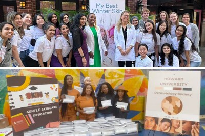 Chicago volunteers (top) with SOCS members (center l-r): Drs. Roopal Kundu, Caroline Robinson & Elizabeth Kiracofe) with Northwestern Univ. Dermatology Interest Group students, led by Pres. Hannah Soltari (seated, far right). Lower: Volunteers from the Howard Univ. Dermatology Society, led by Shanae’ Henry & Ugonna Nwannunu, (far left), with Andrea Speight, Sr. Mgr. Medical & Community Relations- DEI, Integrated Medical Communications, L’Oréal Dermatological Beauty (far right).