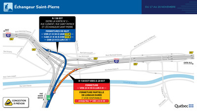 Entraves majeures - Échangeur Saint-Pierre - 17 au 20 novembre 2023 (Groupe CNW/Ministère des Transports et de la Mobilité durable)