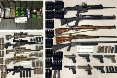 Various prohibited weapons including handguns, assault rifles, shot guns, ammunition and magazines seized in October 2023. (CNW Group/Canada Border Services Agency)