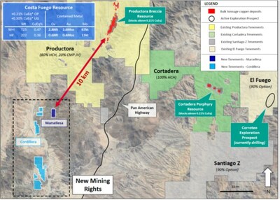 Figure 2. Location of the Marsellesa and Cordillera project Options in relation to planned central processing for Costa Fuego, 10km southwest of Productora (CNW Group/Hot Chili Limited)