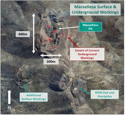 Figure 4. Aeriel photo of surface and underground mine workings at Marsellesa. (CNW Group/Hot Chili Limited)