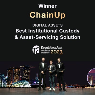 ChainUp fue galardonada con el premio a la “Mejor solución de custodia institucional y servicio de activos” en la categoría de activos digitales en los Premios a la Excelencia 2023 de Asia. (PRNewsfoto/ChainUp)