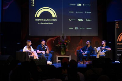 A featured panel from Inscribing Atlantis' debut event, Inscribing Amsterdam in October 2023. Pictured is a featured panel with Nick Sainato of Gamma.io, Hamza Diaz of NeoSwap.ai, and Mark Hendrickson of Leather.io, moderated by Xverse's Elizabeth Olson,