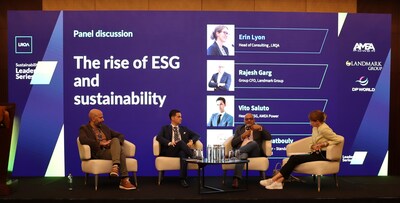 Panel : In frame - left to right: Ibrahim Elmatbouly (Group Senior Manager of Standards, Systems & Governance, Group HSE at DP World), Vito Saluto (Head of ESG at AMEA Power), Rajesh Garg (Group CFO at Landmark Group) and Erin Lyon (Head of Consulting at LRQA)