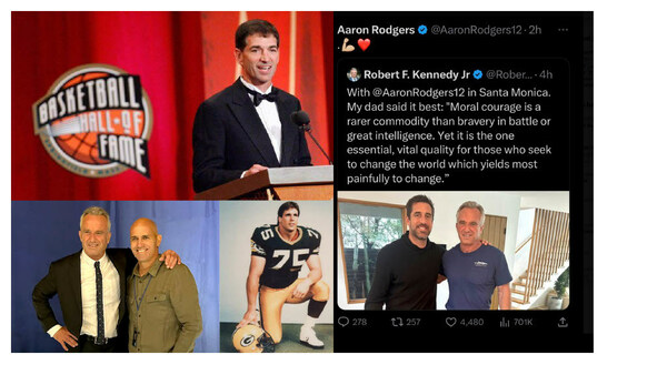From Top Left, Clockwise: NBA Hall-of-Famer John Stockton, Super Bowl Champion and MVP Aaron Rodgers, NFL Hall-of-Famer Ken Ruettgers, and Robert F. Kennedy, Jr. with Pro Surfer Kelly Slater