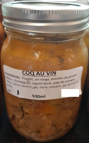 Absence d'informations nécessaires à la consommation sécuritaire de coq au vin et de soupe parmentier préparés et vendus par l'entreprise Magasin Général Ste-Élizabeth