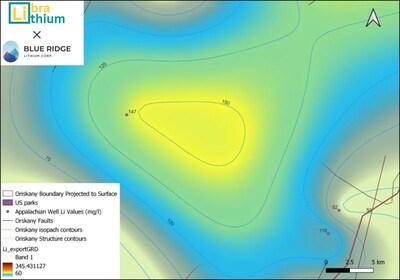 Figure 1: Lithium grade heat map over the Oriskany Formation, showing one of several targets generated by Blue Ridge Lithium within the Appalachians (source: blueridgelithium.com) (CNW Group/Libra Lithium)
