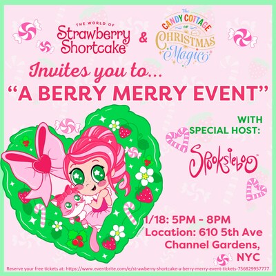 Bringing her sweet holiday spirit to The Candy Cottage of Christmas Magic at Rockefeller Center, WildBrain’s beloved Strawberry Shortcake will make a special appearance on Saturday, November 18, from 5 to 8 p.m. (CNW Group/WildBrain Ltd.)