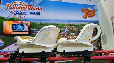 The front and back coach of the Good Gravy! trains on display in the Vekoma Rides booth.  The train was hand-sculpted by craftsmen at Vekoma Rides, and the design is hand-painted.