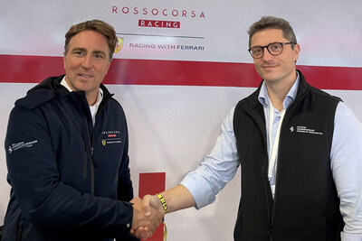(Left to right) Andrea Zadra, CEO of Rossocorsa Racing and Dilawri Rossocorsa's inaugural Team Lead, shakes hands with Ettore Gattolin, Dilawri's Vice President of US Operations. Dilawri, Canada's largest automotive group, and Rossocorsa Racing, a major player in Ferrari Challenge Europe, have undertaken a joint venture to create Dilawri Rossocorsa, a North American racing team. (CNW Group/Dilawri Group of Companies)