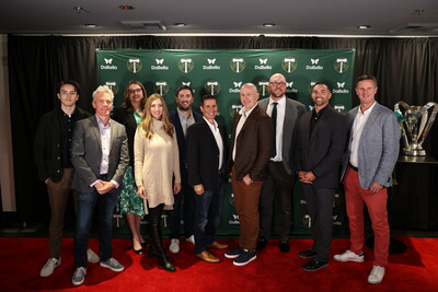 Representatives from the Portland Timbers, DaBella and Innovative Partnerships Group gather for the jersey partnership announcement at Providence Park in Portland, OR