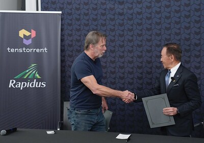 Tenstorrent CEO Jim Keller shakes hands with Rapidus CEO Atsuyoshi Koike