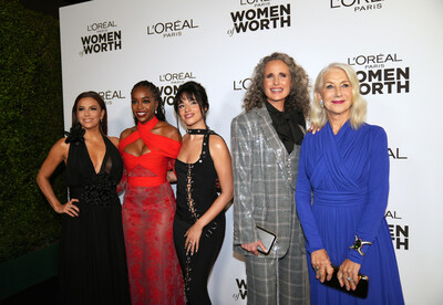 Eva Longoria, Aja Naomi King, Camila Cabello, Andie MacDowell and Helen Mirren attend the 18th Annual L'Oral Paris Women of Worth Celebration at NeueHouse Hollywood on November 16, 2023, in Los Angeles. (Photo by Associated Press for L'Oral Paris)