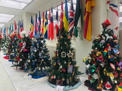 Christmas trees from around the world are displayed at the office of Cook County Treasurer Maria Pappas in Chicago.