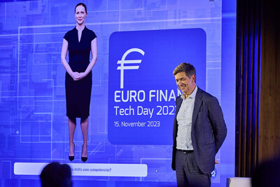 Captured at Euro Finance Tech Day 2023, AKA Bank's CEO stands with 'Amy', the epitome of DeepBrain AI's innovation in conversational AI avatars, symbolizing the synergy of human expertise and AI precision in modern banking.