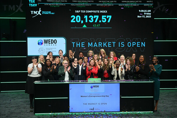 Members from the Women Entrepreneurship Knowledge Hub (WEKH) and WEDO Canada celebrate Women's Entrepreneurship Day and a TSX Market Open Ceremony in Toronto with diverse entrepreneurs and ecosystem partners. The Honourable Rechie Valdez, Minister of Small Business, joined by the Honourable Marci Ien, Minister for Women and Gender Equality and Youth, announced nearly $4 million in funding for WEKH. Photo Credit: Sam Santos (CNW Group/Diversity Institute at Toronto Metropolitan University)
